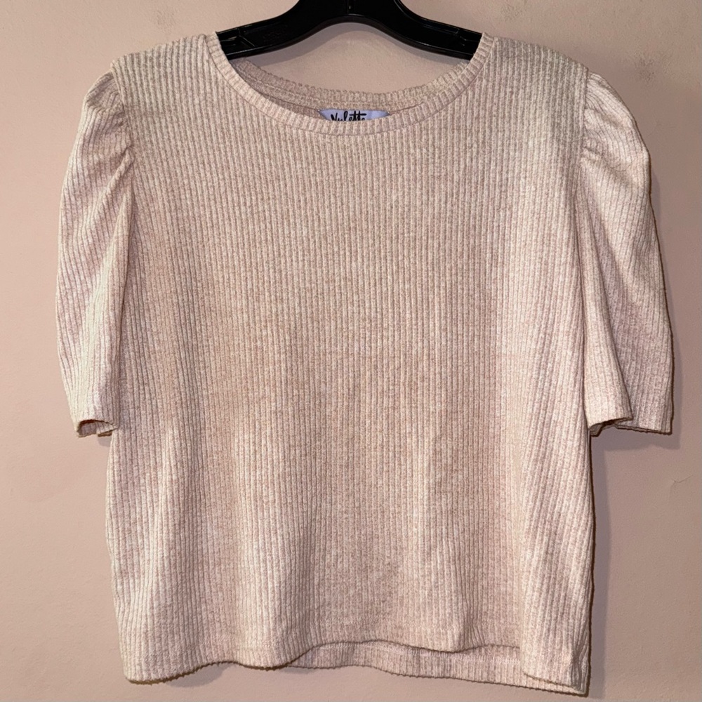 Yvette Kohl’s Blush Pink Ribbed Puff Sleeve Stretchy Top Size L NWT!